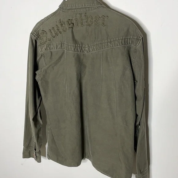 QuikSilver Army Green Jacket embroidered on back with arm Patches Sz Medium - Picture 2 of 7